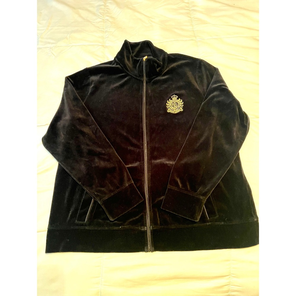 LRL Lauren Active Ralph Lauren Black Velour Crest Jacket 2X Full Zip Y2K